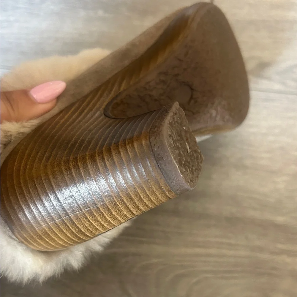 Women's Tan Suede Ankle Clogs Mule Boots with Real Fox Fur Trim